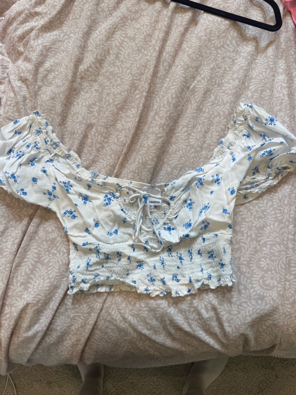 Smocked Cream Crop Top with Blue Floral Print and Tie Front